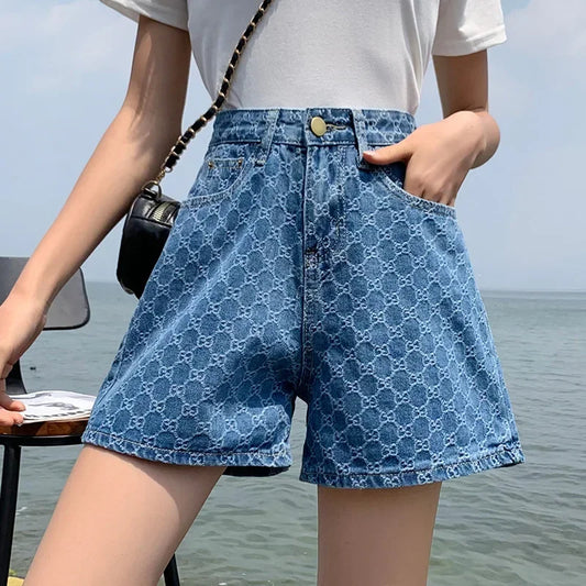 Women’s Blue Denim Shorts 2025 – Summer Fashion Korean Casual Wide-leg Shorts, Loose Fit, Printed Embroidery Denim A-line Shorts, Y2K