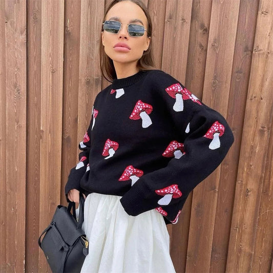 2025 Women's Fashion – Mushroom Graphic Print Sweater, Long Sleeve, Plus Size, Loose Casual Streetwear Pullover Top