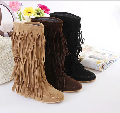 Flat Heel Round Toe Tassel Women Long Boots