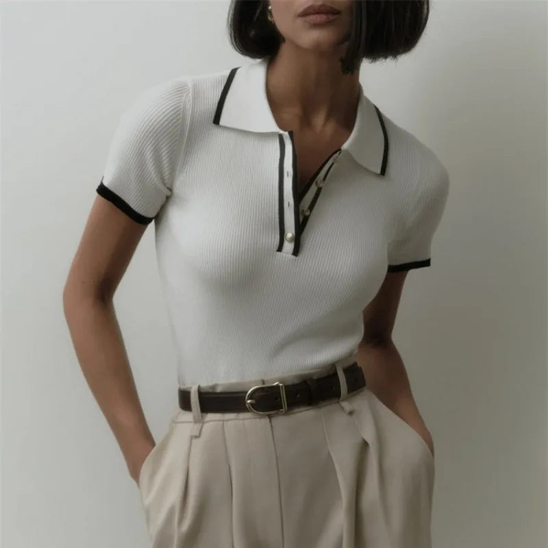 Women's 2025 Summer Fashion Thread Button T-Shirt – Slim Fit Short Sleeve Casual Crop Top with Turn-Down Collar