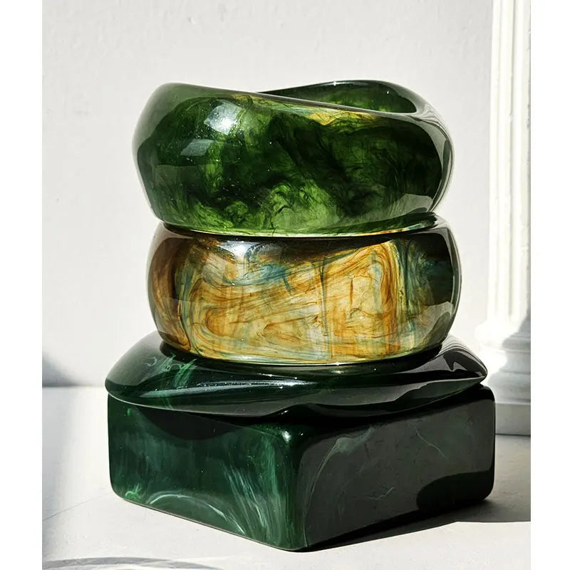 Retro Chunky Resin Bracelet – Geometric Irregular Square Green Smudge Vintage Bangle for Women & Girls