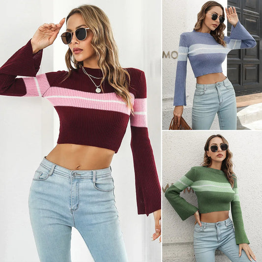 Stripe Flare Sleeve Crop Sweaters