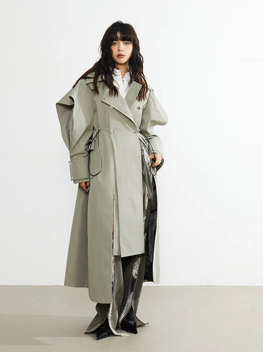 Women's Elegant Trench Coat - Long Double Breasted Overcoat with Drawstring Waist, Luxury Chic Spring Autumn Jacket