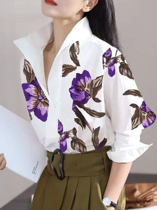 2025 Women's Casual White Shirt – Long Sleeve Urban Elegant Stand Collar with Flower Print Blouse Top for Spring & Summer