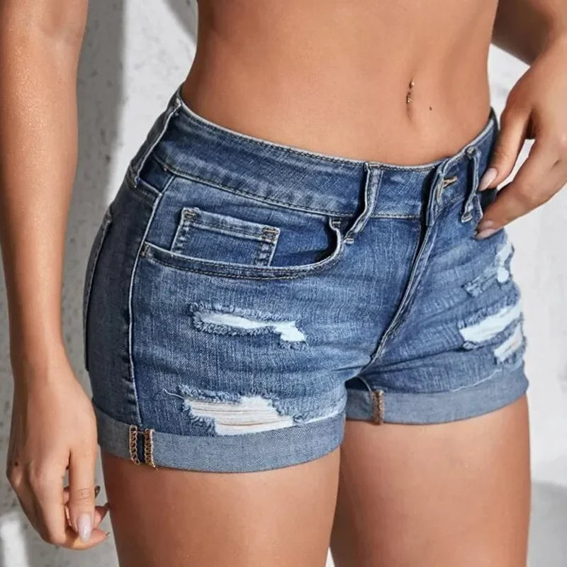 Women's Split Denim Shorts – Sexy Mid-Waist Summer Beachwear, Curled Cuff, Perforated Slim Fit Casual Shorts