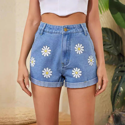 Daisy Pattern Casual Wide Leg Denim Short