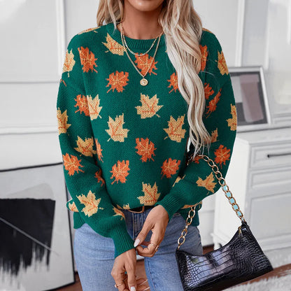 2025 Autumn/Winter Women’s Fashionable Maple Leaf Jacquard Pattern Long Sleeve Casual Round Neck Pullover Knitted Sweater