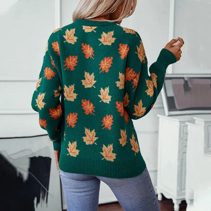 2025 Autumn/Winter Women’s Fashionable Maple Leaf Jacquard Pattern Long Sleeve Casual Round Neck Pullover Knitted Sweater