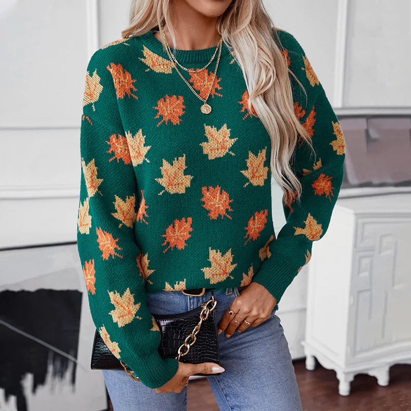 2025 Autumn/Winter Women’s Fashionable Maple Leaf Jacquard Pattern Long Sleeve Casual Round Neck Pullover Knitted Sweater