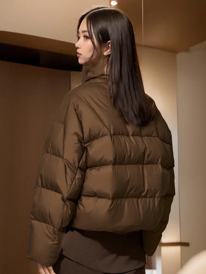 Chic Cropped Winter Short Puffer Jacket for Women – Cotton-Padded, Warm Stand-Up Collar Bread Coat