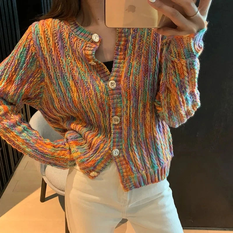 New Winter Korean Fashion Rainbow Color Cardigan