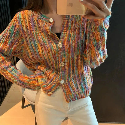 Women’s Contrast Color Sweater Cardigan – Loose Outerwear Top for Autumn/Winter Fashion