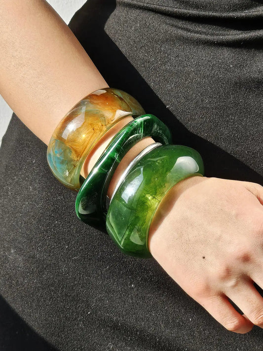 Retro Chunky Resin Bracelet – Geometric Irregular Square Green Smudge Vintage Bangle for Women & Girls