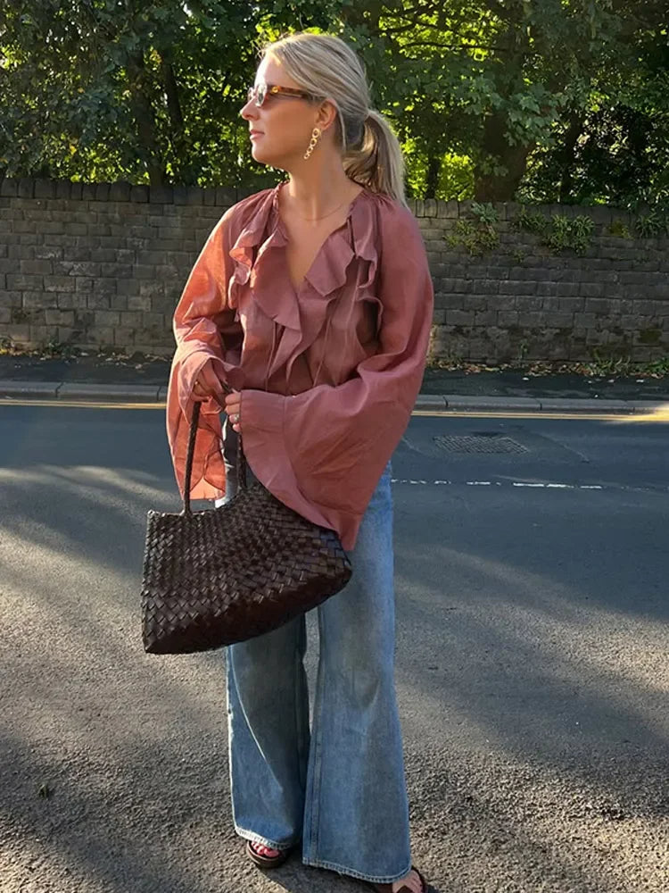2025 Damen Casual Solid Volant Ärmel Bluse - Mode Lose Gaze Rüschen Schnürung V-Ausschnitt Frühling Street Top