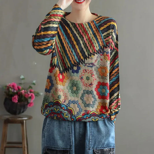 Vintage Ethnic Style Sweaters for Women – O-Neck Striped Patchwork Printing, Long Sleeve Knitted Pullover for Spring/Autumn