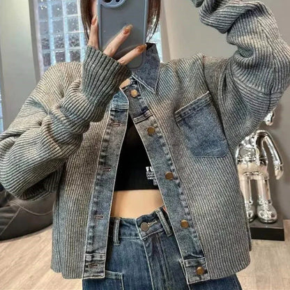 Korean Style Loose Sweater – 2025 Autumn Women's Niche Design Denim Patchwork Knitted Top Jacket