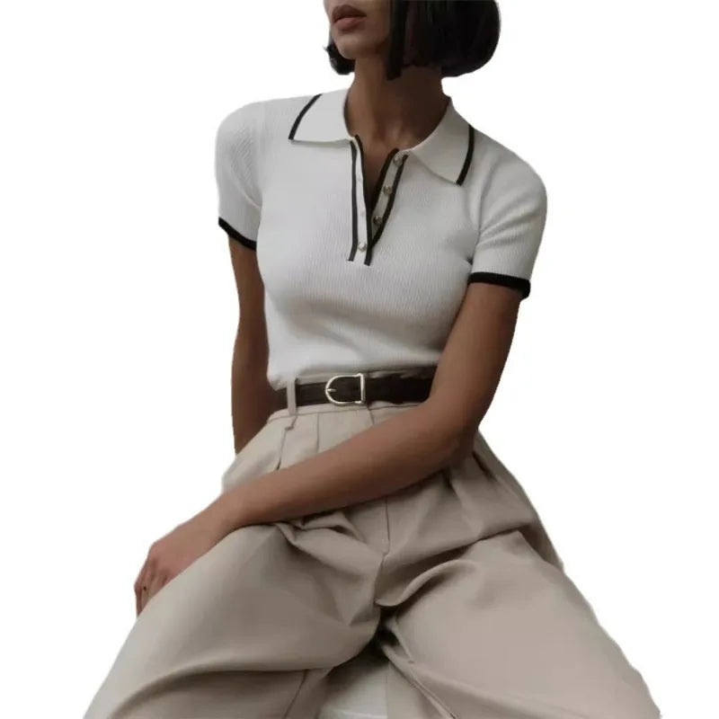Women's 2025 Summer Fashion Thread Button T-Shirt – Slim Fit Short Sleeve Casual Crop Top with Turn-Down Collar