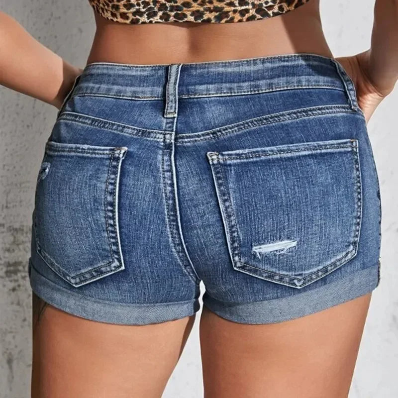 Women's Split Denim Shorts – Sexy Mid-Waist Summer Beachwear, Curled Cuff, Perforated Slim Fit Casual Shorts