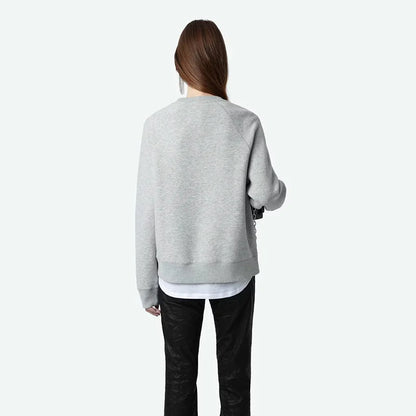 Women's Winter Fleece Sweatshirt – Round Neck Cotton Pullover with Diamante Wings