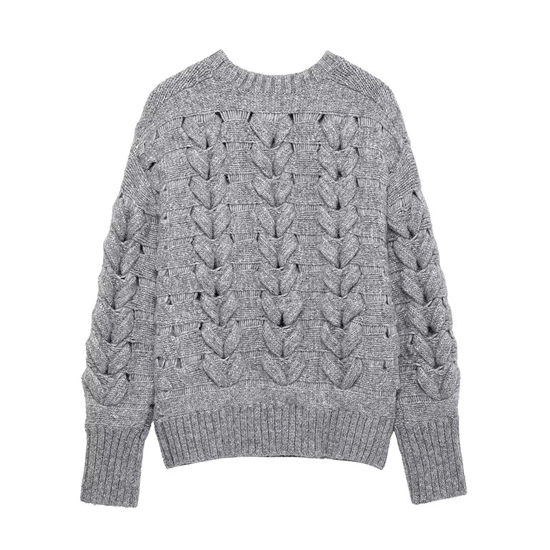 Damen-Strickpullover mit Rundhalsausschnitt – Twist-Seil-Design, modischer Casual-Style, bequeme Strickware