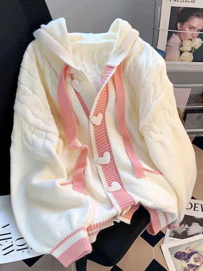 Cute Kawaii Cardigan Sweater for Women – Lazy Wind White Knitted Coat, Loose Long Sleeve Elegant Hooded Top