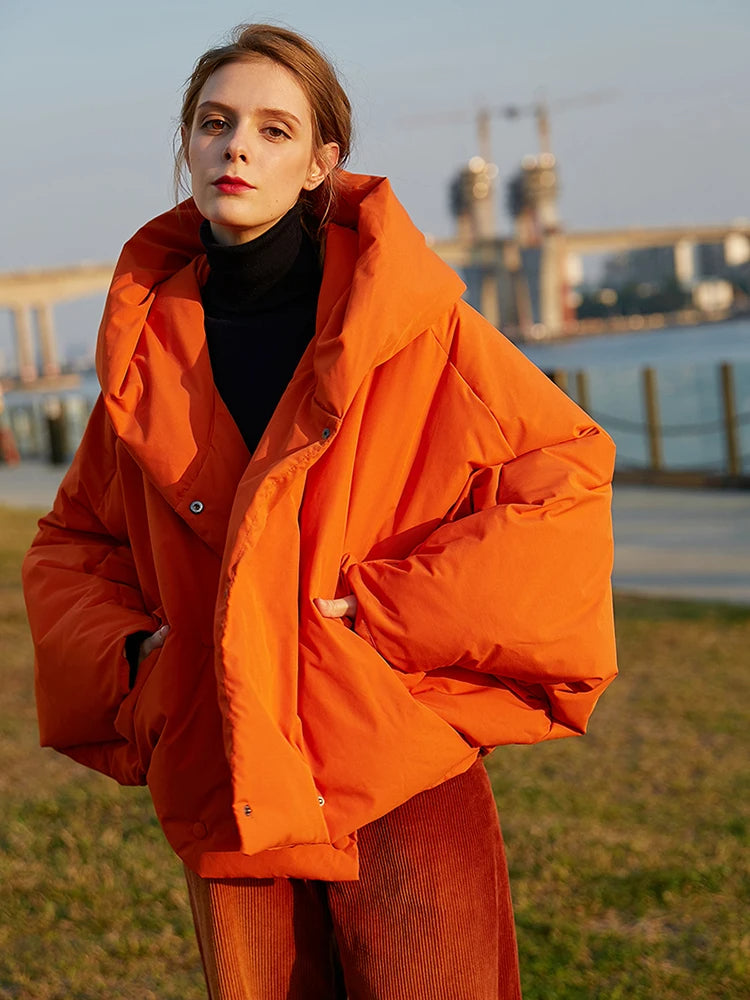 Women's Oversized Down Jacket - Fluffy, Warm, Hooded Parka, Long Sleeve, Orange Red, Winter 2025 Fashion