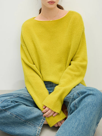 Women’s 100% Wool Pullover Sweater – 2025 Spring Solid Knit Sweater, Boat Collar, Casual Yellow Green Top