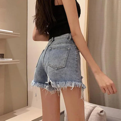 2025 Women's High-Waist Denim Shorts – Korean Fashion Loose Fit Ripped Jean Shorts, Casual Summer Streetwear