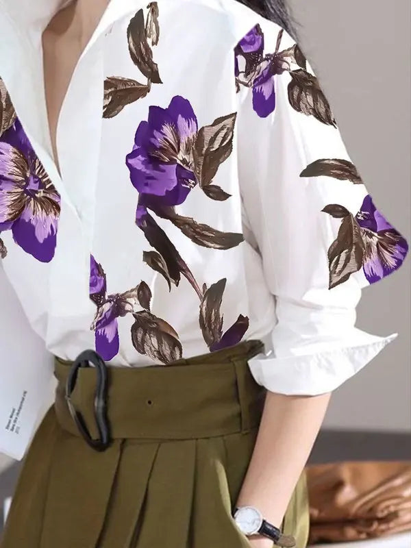 2025 Women's Casual White Shirt – Long Sleeve Urban Elegant Stand Collar with Flower Print Blouse Top for Spring & Summer