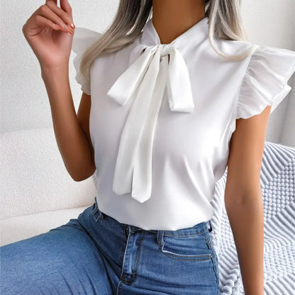 2025 Women's Summer Chiffon Blouse – Black Ear Strap Bow Sleeveless Top | Slim Solid Office Lady Pullover Blusas