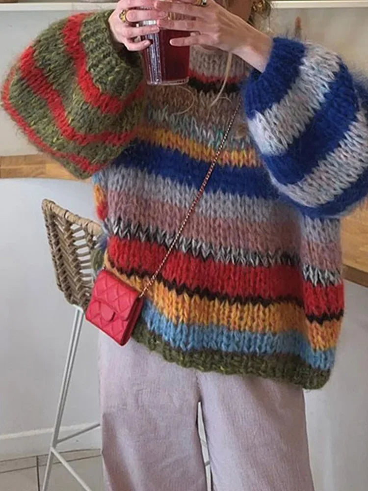 Elegant Multi Color Striped O-Neck Crochet Knitted Sweater