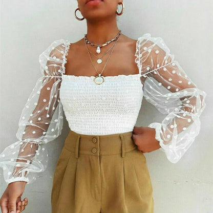 Elegant Sheer Mesh Blouse – See-Through Chiffon Long Sleeve Crop Top