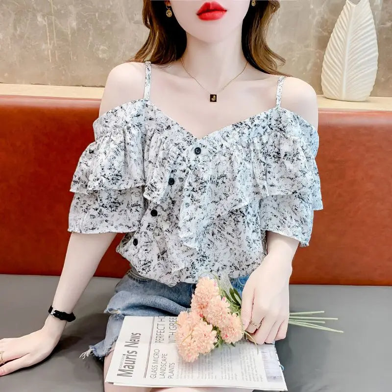 Modisches Off-Shoulder One-Shoulder Kurzarmshirt für Damen – Neues französisches Rüschen-Hosenträgertop für den Sommer