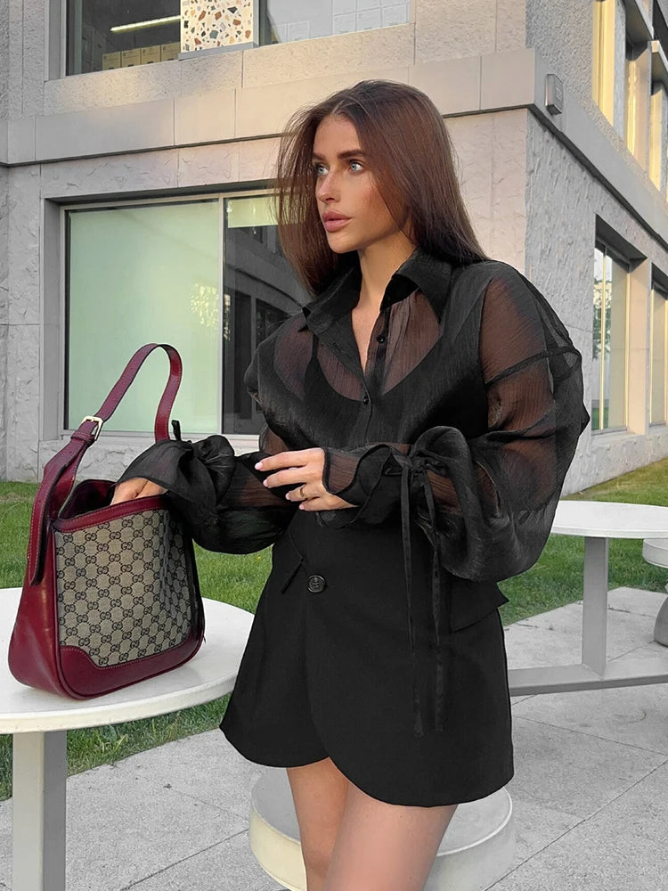 2025 Women's Elegant Long Sleeve Black Mesh Shirt – Sheer Chiffon Blouse for Spring & Summer