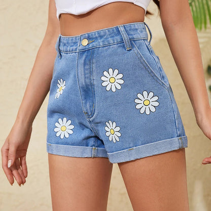 Daisy Pattern Casual Wide Leg Denim Shorts