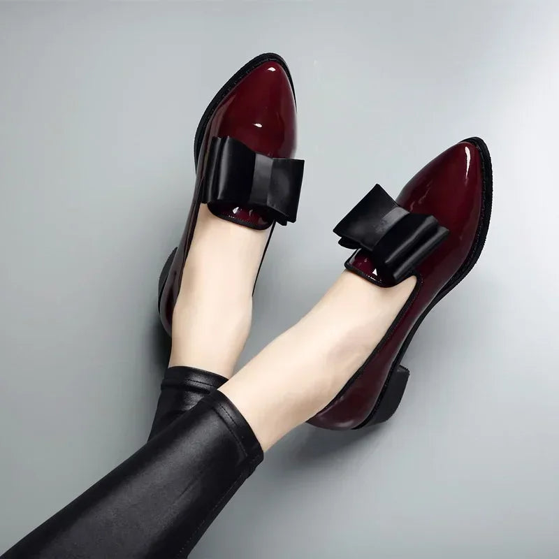 Patent Leather Bow Decor Pointed Toe Women Loafers Flat Shoes