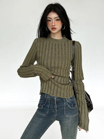 Deeptown Vintage Green Striped Crop Sweater – Fairy Grunge Harajuku Slim Fit Knitted Pullover for Women