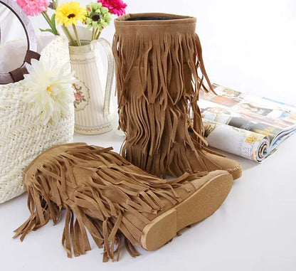 Flat Heel Round Toe Tassel Women Long Boots