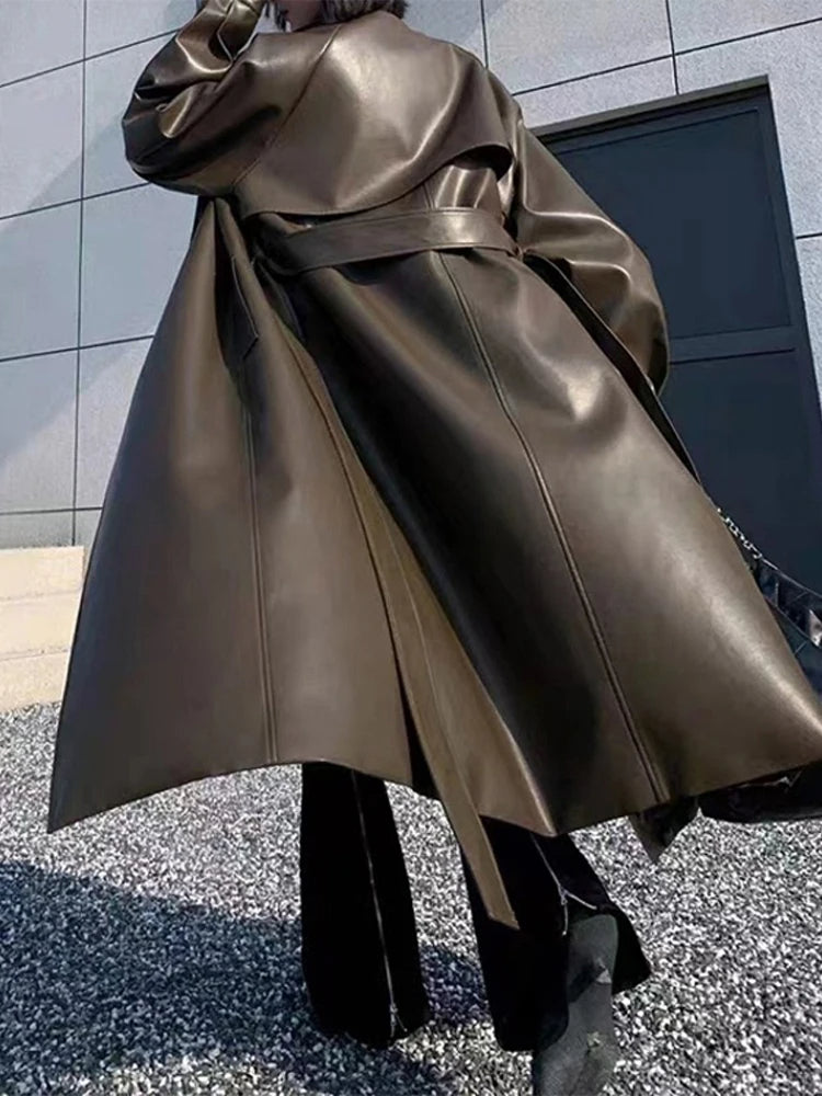 Women's Long PU Leather Jacket - Turn-Down Collar, Belted Loose Fit, Stylish Autumn Winter Coat