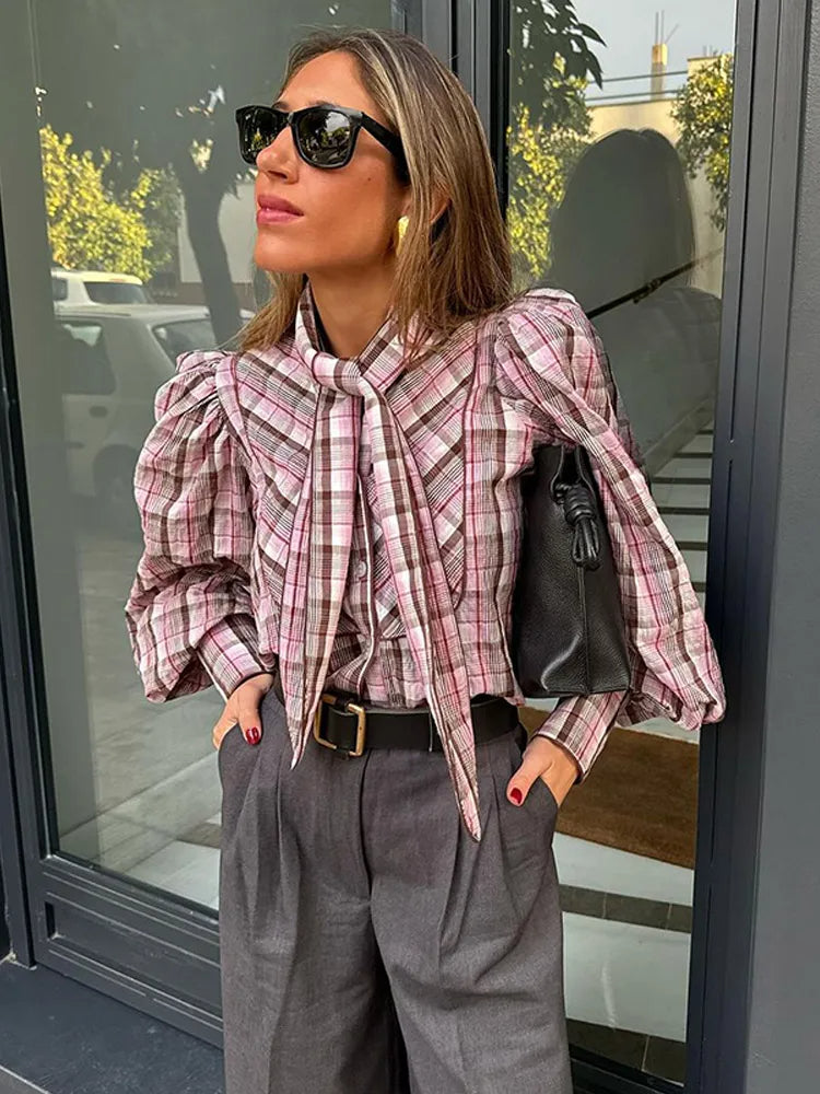 2025 Women's Elegant Plaid Puff Sleeve Tie Neck Blouse – Loose Single-Breasted Chic Spring Commute Shirt