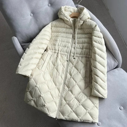 2025 Lightweight Long White Duck Down Coat for Women – Slim Hooded Puffer Jacket, Autumn Winter Casual Parka with Waistband