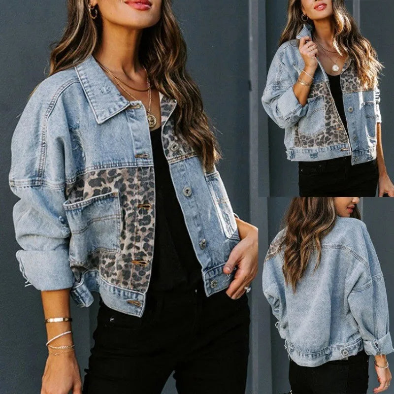 Women's Leopard Patchwork Denim Jacket - Long Sleeve Casual Loose Fit Stylish Outerwear