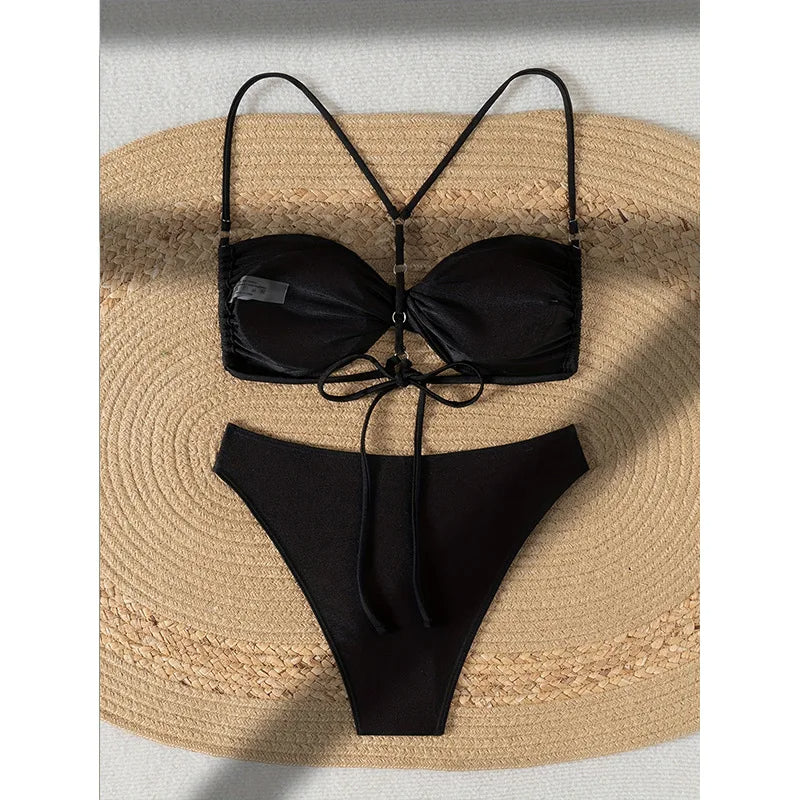 2025 Sexy Black Twist Bikini Set – Micro Thong Backless Swimsuit for Women