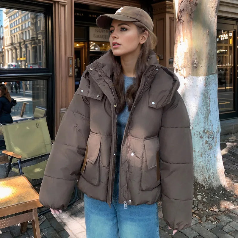 2025 Winter Fashion Women’s Hooded Diamond Puffer Coat - Thick, Warm, Loose Fit, Short Down Cotton Jacket