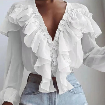 Women's Fashion Sexy Deep V-Neck Pullover Shirt – Elegant Pleated Ruffles, White Long Sleeve Blouse for Spring & Autumn