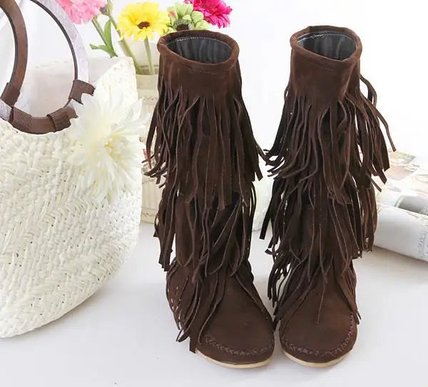 Flat Heel Round Toe Tassel Women Long Boots