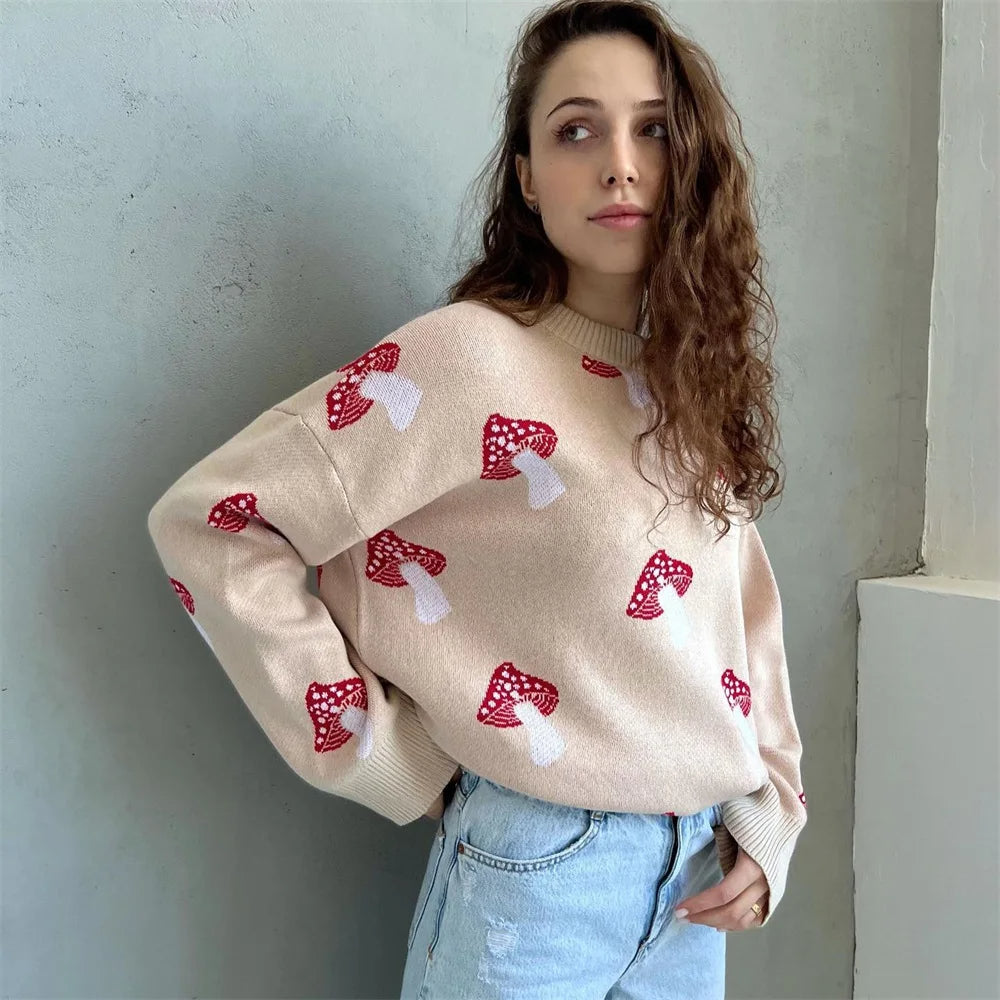 2025 Women's Fashion – Mushroom Graphic Print Sweater, Long Sleeve, Plus Size, Loose Casual Streetwear Pullover Top