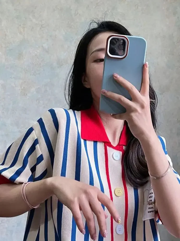 Women's Striped Polo Shirt – Cute Kawaii Button Tee | Trendy 2025 Luxury Youth Fashion