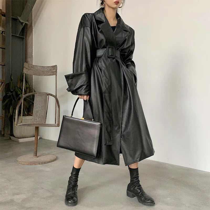 2025 New Fashion Women British Elegant Extra Long Black Faux Leather Trench Coat – Belted Vintage Luxury Designer Jacket