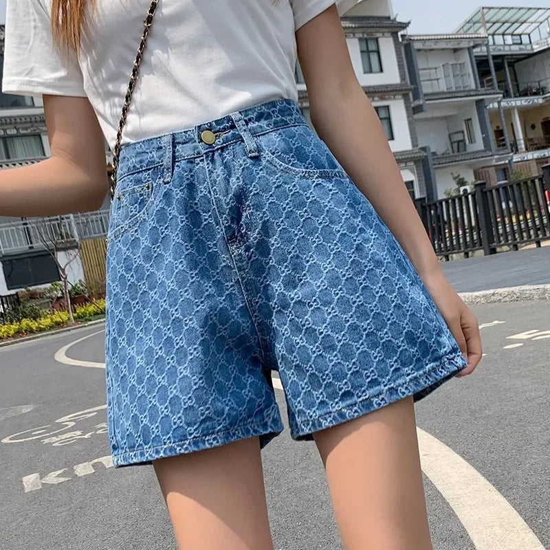 Women’s Blue Denim Shorts 2025 – Summer Fashion Korean Casual Wide-leg Shorts, Loose Fit, Printed Embroidery Denim A-line Shorts, Y2K